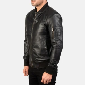 Bomia MA-1 Black Sheepskin Leather Bomber Jacket – Rib-Knit Collar & Cuffs