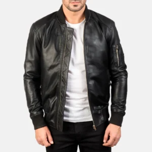 Bomia MA-1 Black Sheepskin Leather Bomber Jacket – Rib-Knit Collar & Cuffs