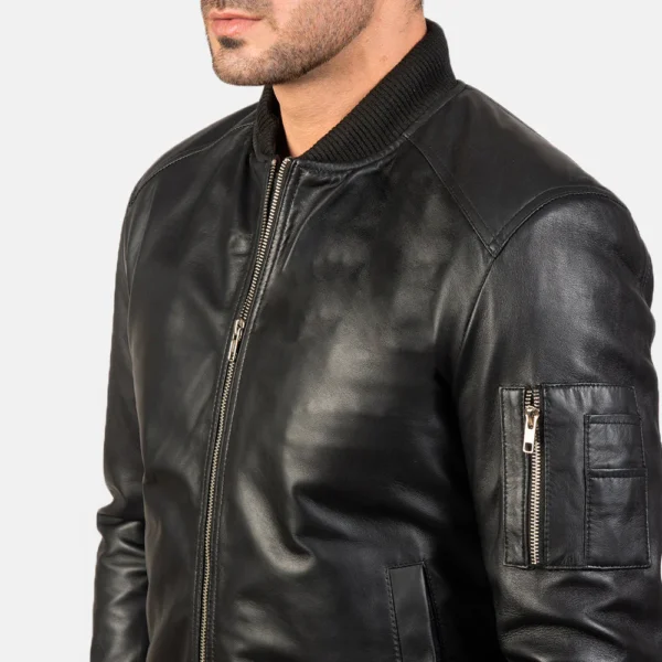 Bomia MA-1 Black Sheepskin Leather Bomber Jacket – Rib-Knit Collar & Cuffs