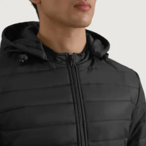 Tyler Black Puffer Jacket Front View Showing Detachable Hood