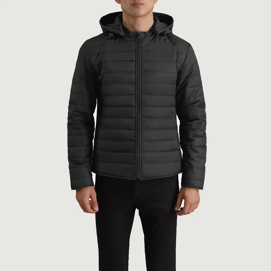 Tyler Black Puffer Jacket Front View Showing Detachable Hood