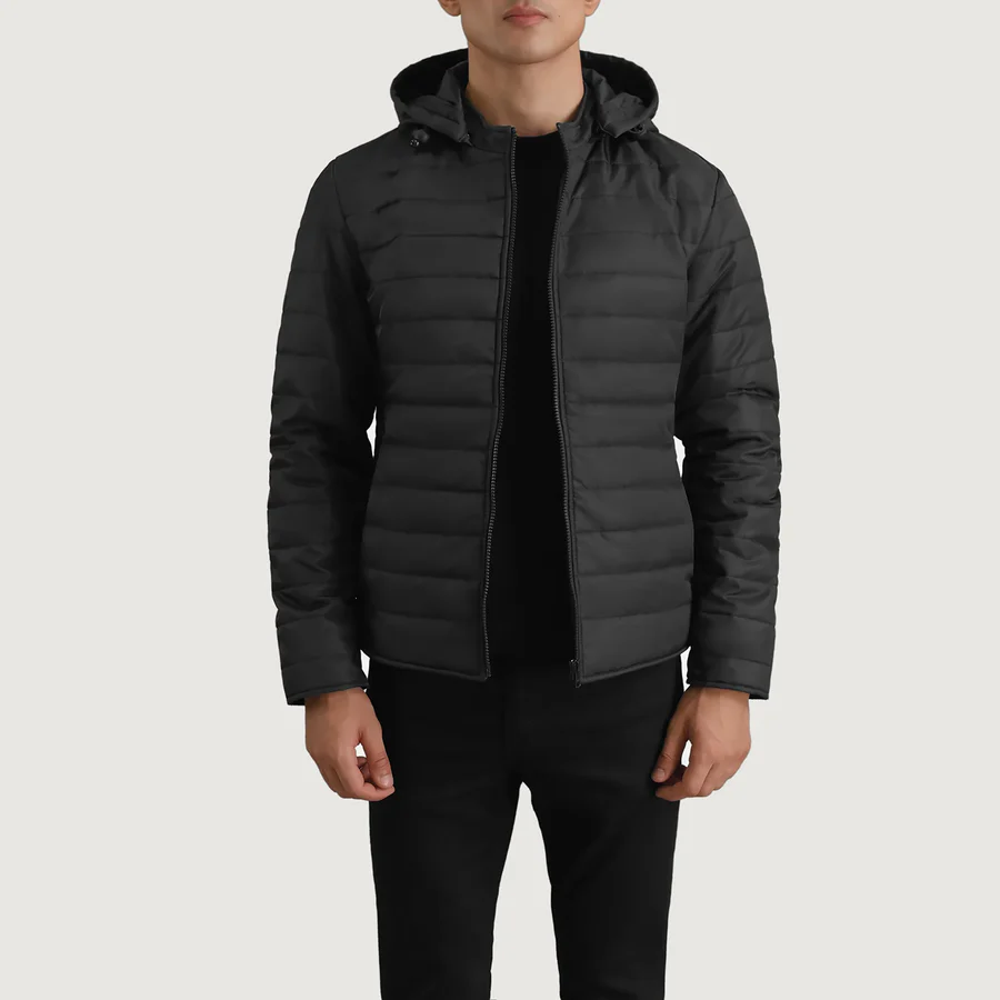 Tyler Black Puffer Jacket Front View Showing Detachable Hood