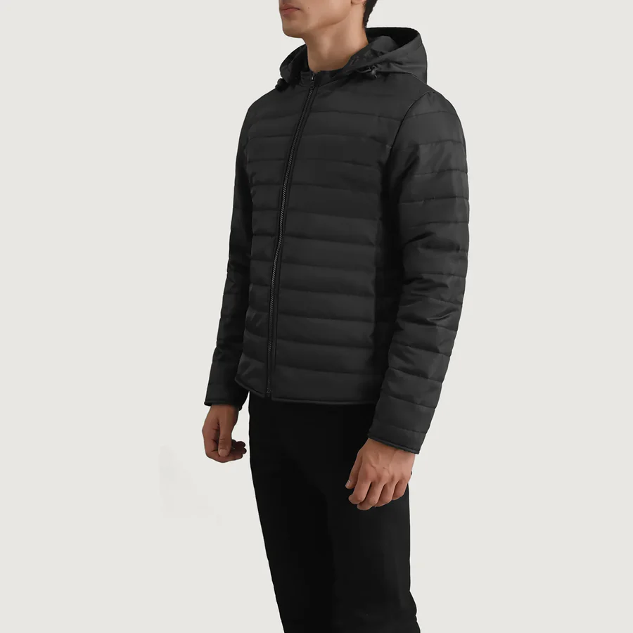Tyler Black Puffer Jacket Front View Showing Detachable Hood