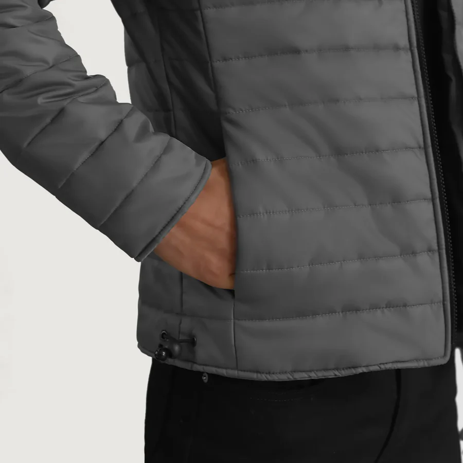 Tyler Grey Puffer Jacket – Front View Showing Detachable Hood