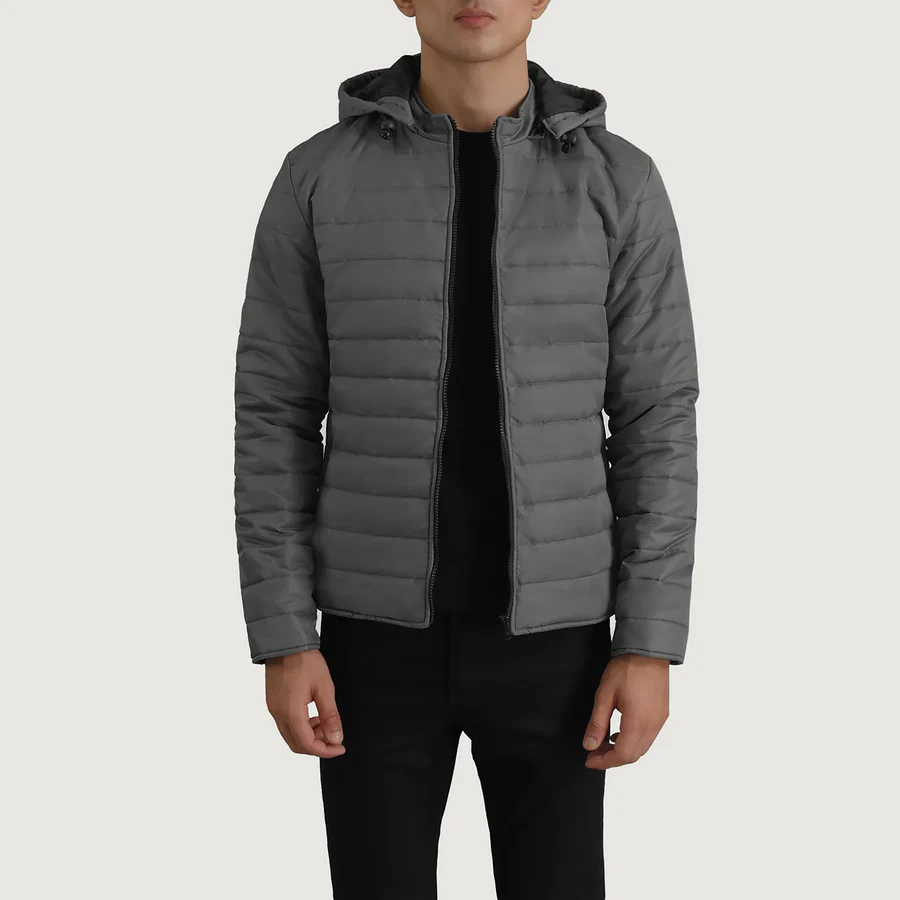 Tyler Grey Puffer Jacket – Front View Showing Detachable Hood