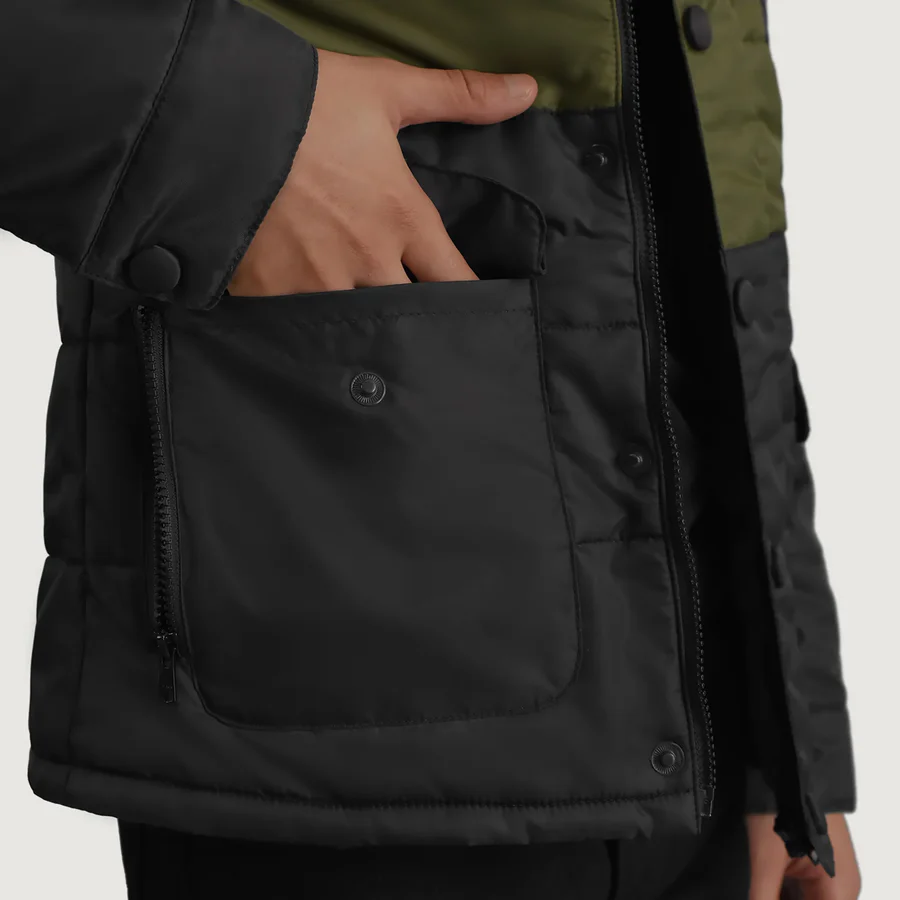 Detail shot of snap-button flap security system jacket