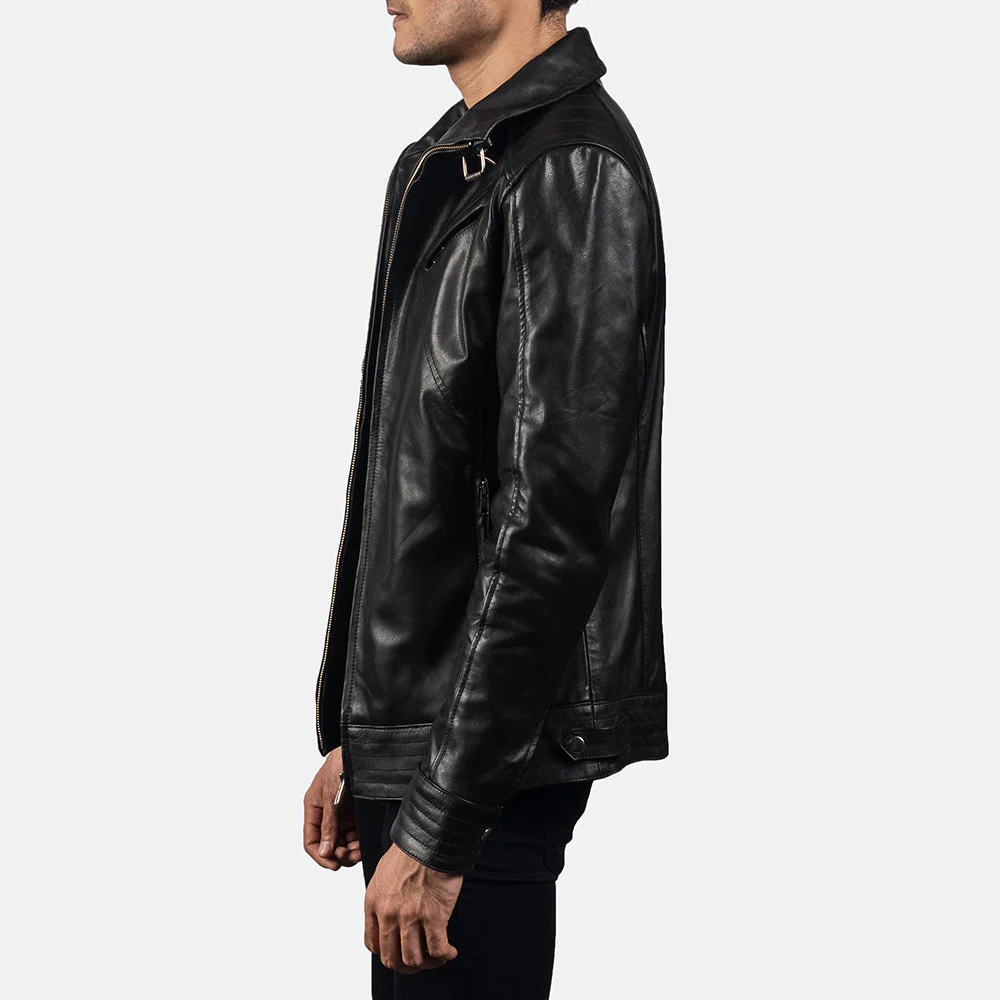 Legacy Biker Jacket Front View – Belted High Neck Collar Detail