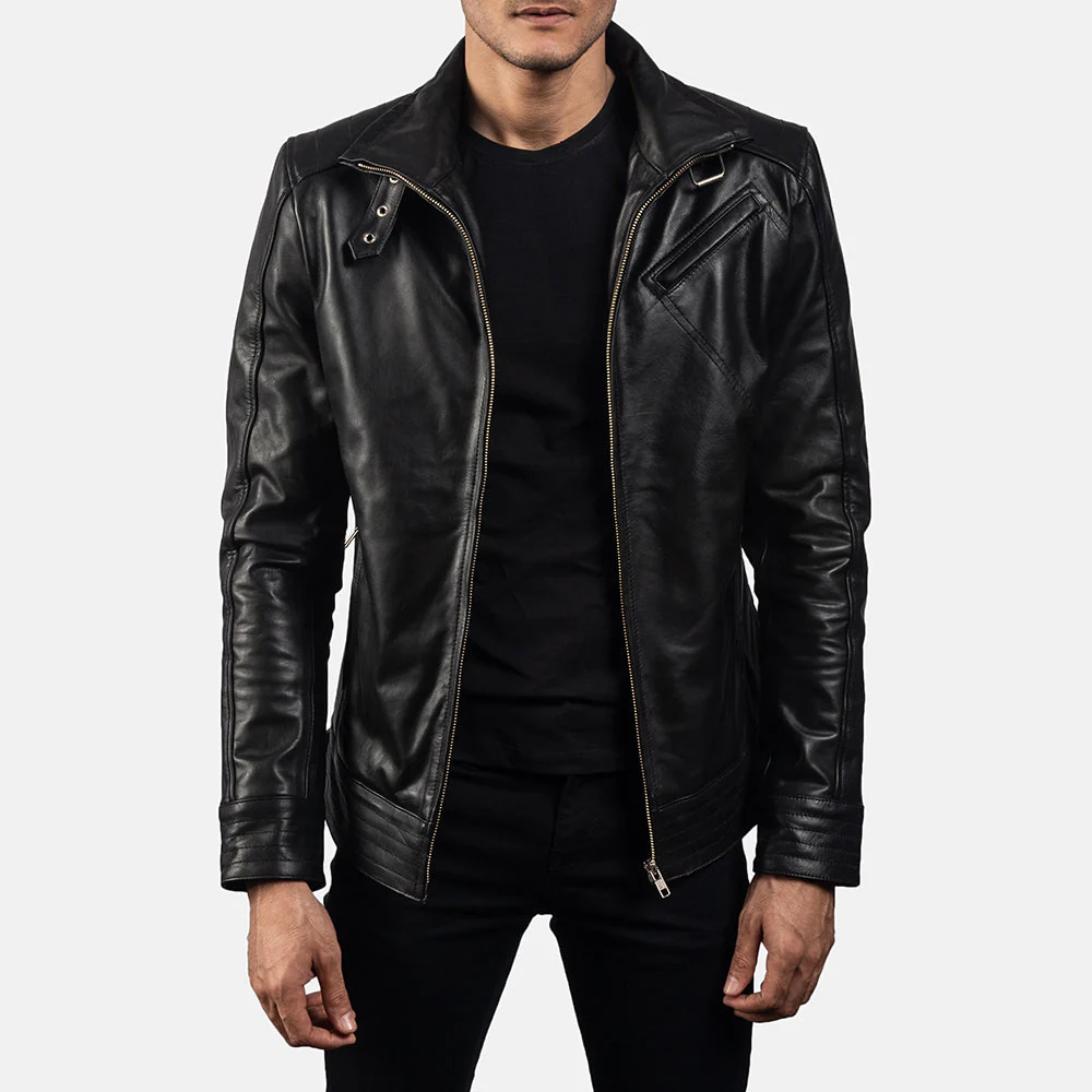 Legacy Biker Jacket Front View – Belted High Neck Collar Detail