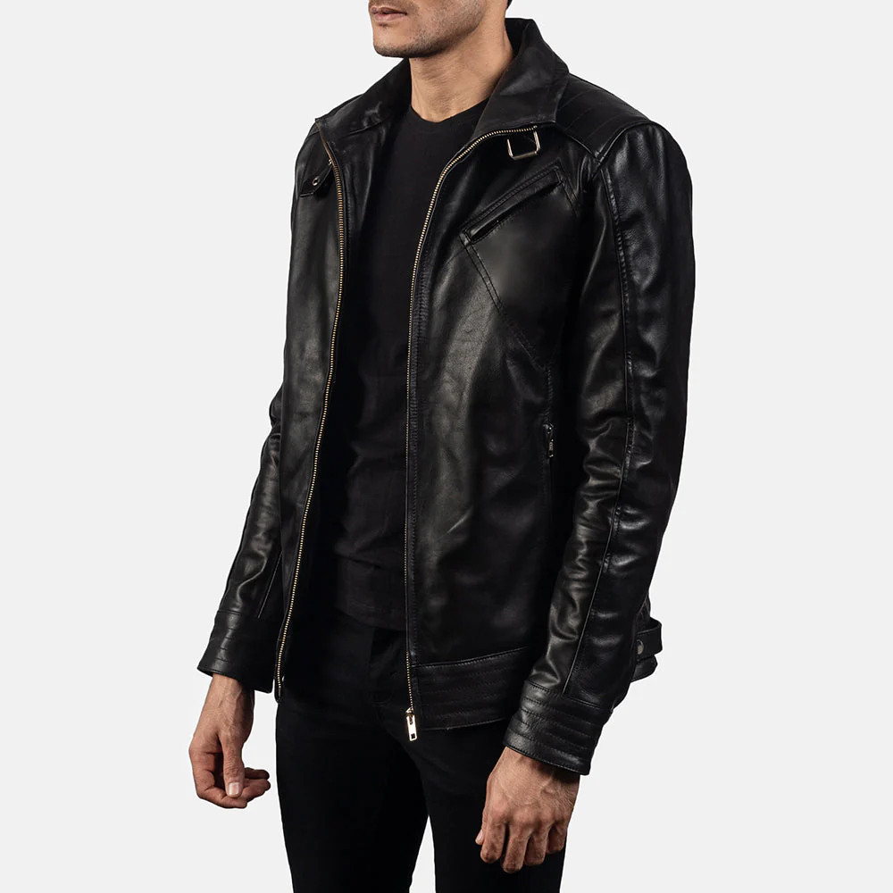 Legacy Biker Jacket Front View – Belted High Neck Collar Detail