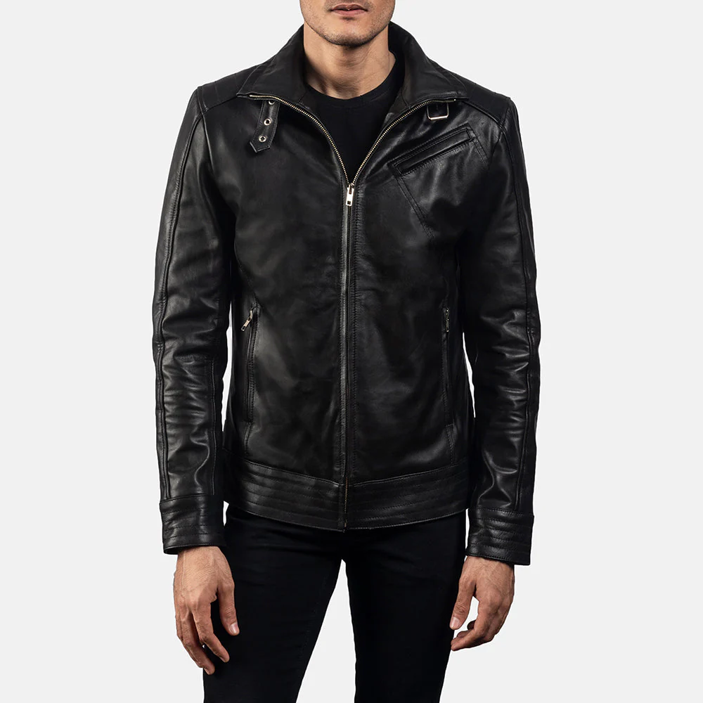Legacy Biker Jacket Front View – Belted High Neck Collar Detail