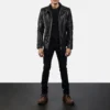 Legacy Biker Jacket Front View – Belted High Neck Collar Detail