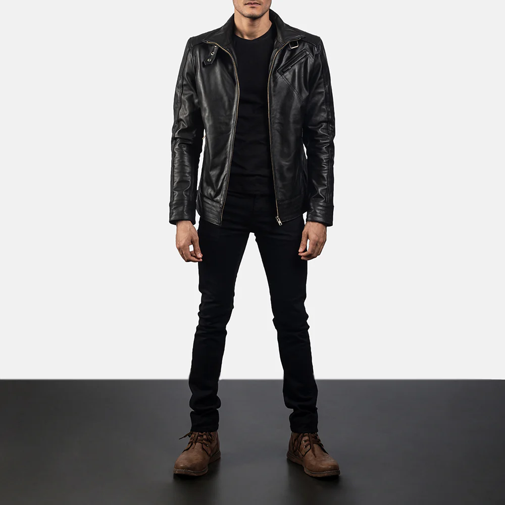 Legacy Biker Jacket Front View – Belted High Neck Collar Detail
