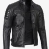 Black Cafe Racer Leather Jacket – Front Zip View with Snap Collar