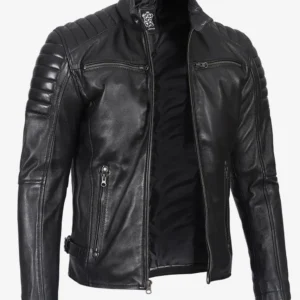 Black Cafe Racer Leather Jacket – Front Zip View with Snap Collar