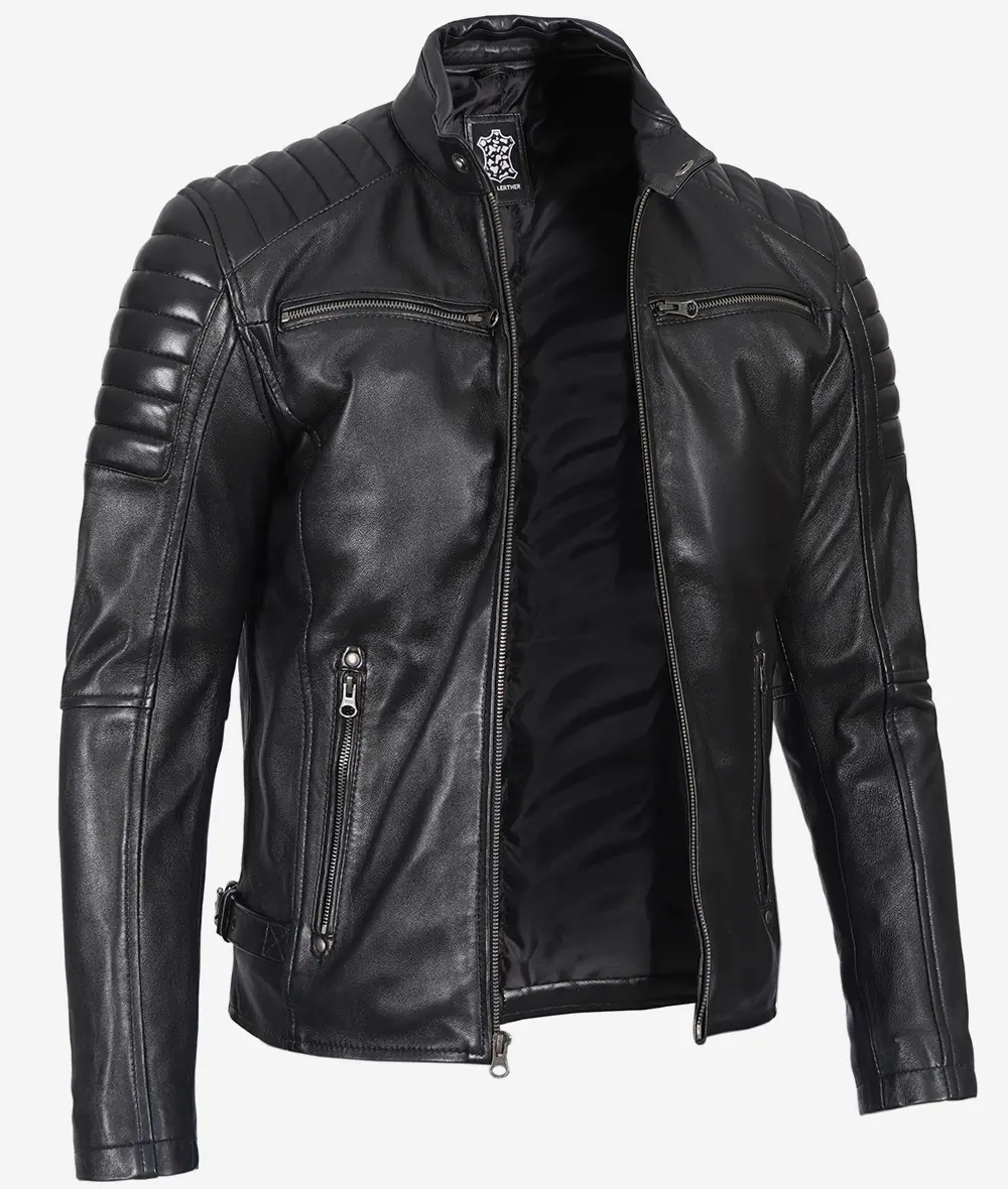 Black Cafe Racer Leather Jacket – Front Zip View with Snap Collar