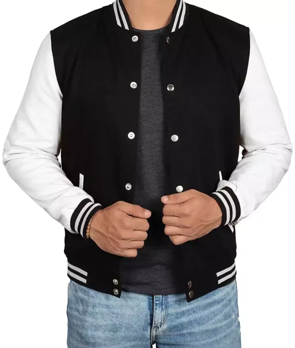 Black and White Letterman Jacket – Front View with Snap Buttons