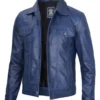 Blue Leather Trucker Jacket – Button Front with Shirt Collar