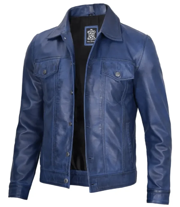 Blue Leather Trucker Jacket – Button Front with Shirt Collar