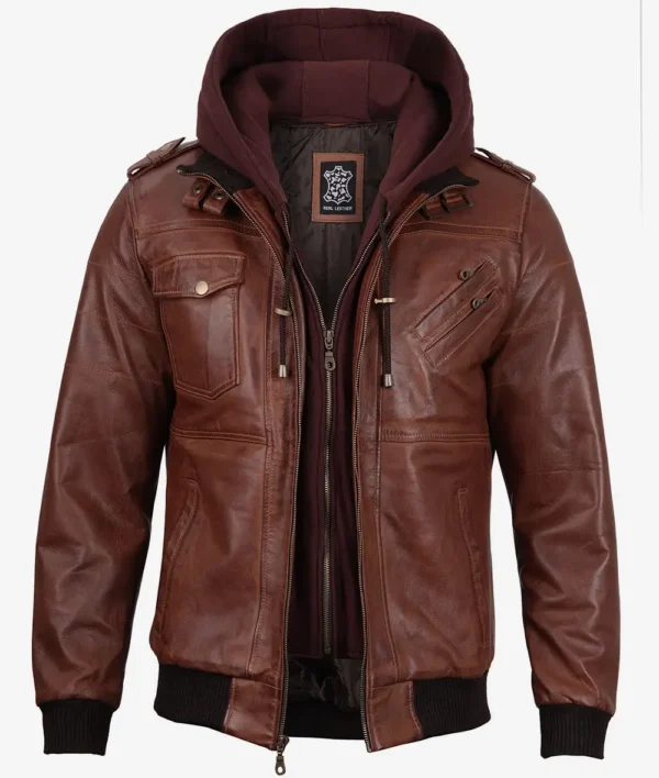 Brown Leather Bomber Jacket – Front View with Removable Hood