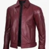 Maroon Leather Jacket – Front View with Shirt Collar and Zip Closure