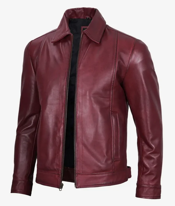 Maroon Leather Jacket – Front View with Shirt Collar and Zip Closure