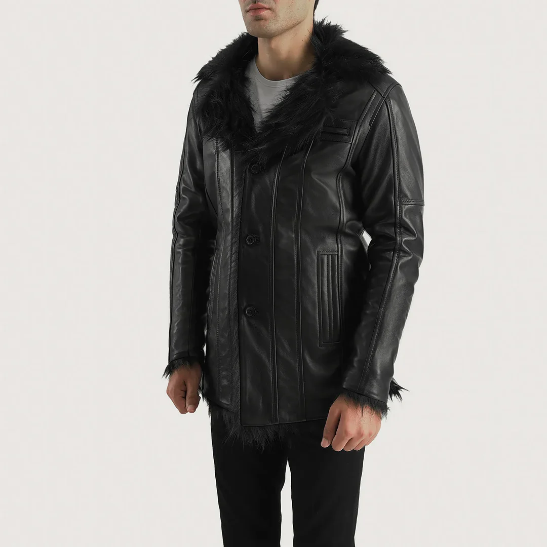 Luxury Faux Fur-Lined Leather Jacket – Button Closure & Open Hem Cuffs