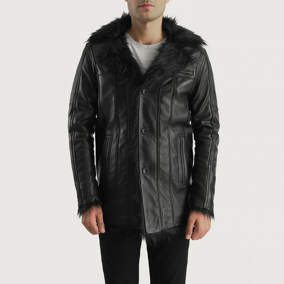 Luxury Faux Fur-Lined Leather Jacket – Button Closure & Open Hem Cuffs