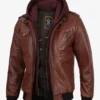 Brown Leather Bomber Jacket – Front View with Removable Hood
