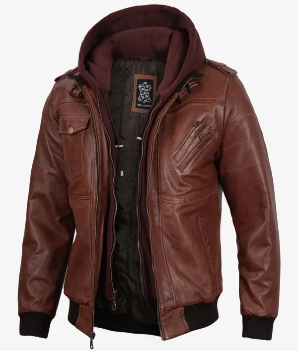 Brown Leather Bomber Jacket – Front View with Removable Hood
