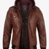 Brown Leather Bomber Jacket – Front View with Removable Hood