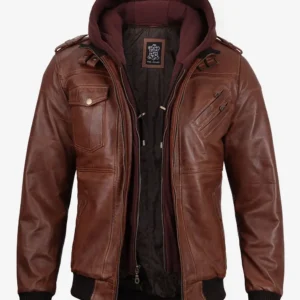 Brown Leather Bomber Jacket – Front View with Removable Hood