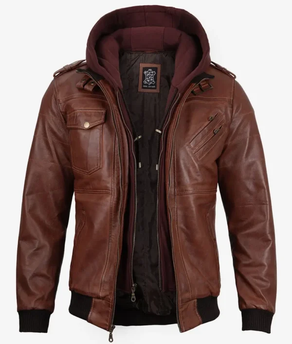 Brown Leather Bomber Jacket – Front View with Removable Hood