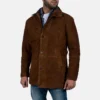 Brown Suede Safari Jacket – Front View with High Neck Collar