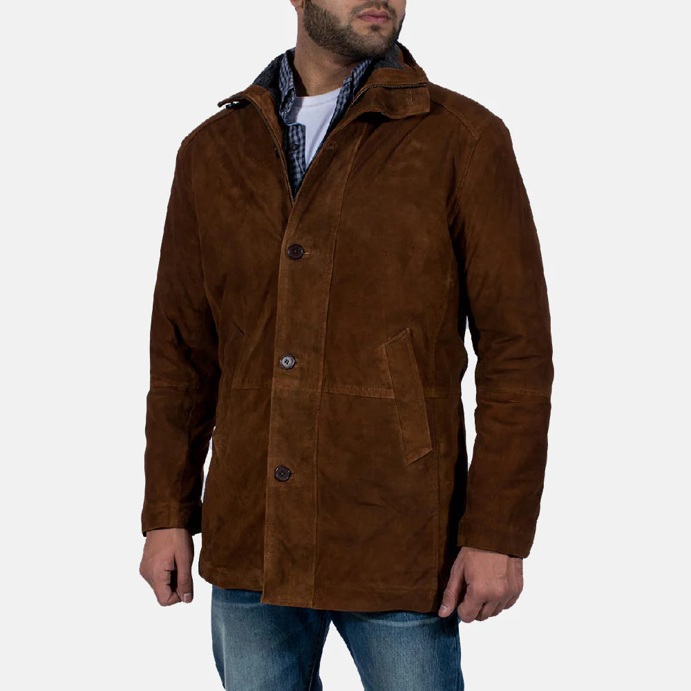 Brown Suede Safari Jacket – Front View with High Neck Collar
