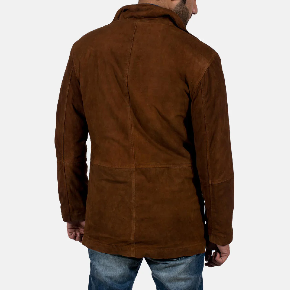 Brown Suede Safari Jacket – Back View with High Neck Collar