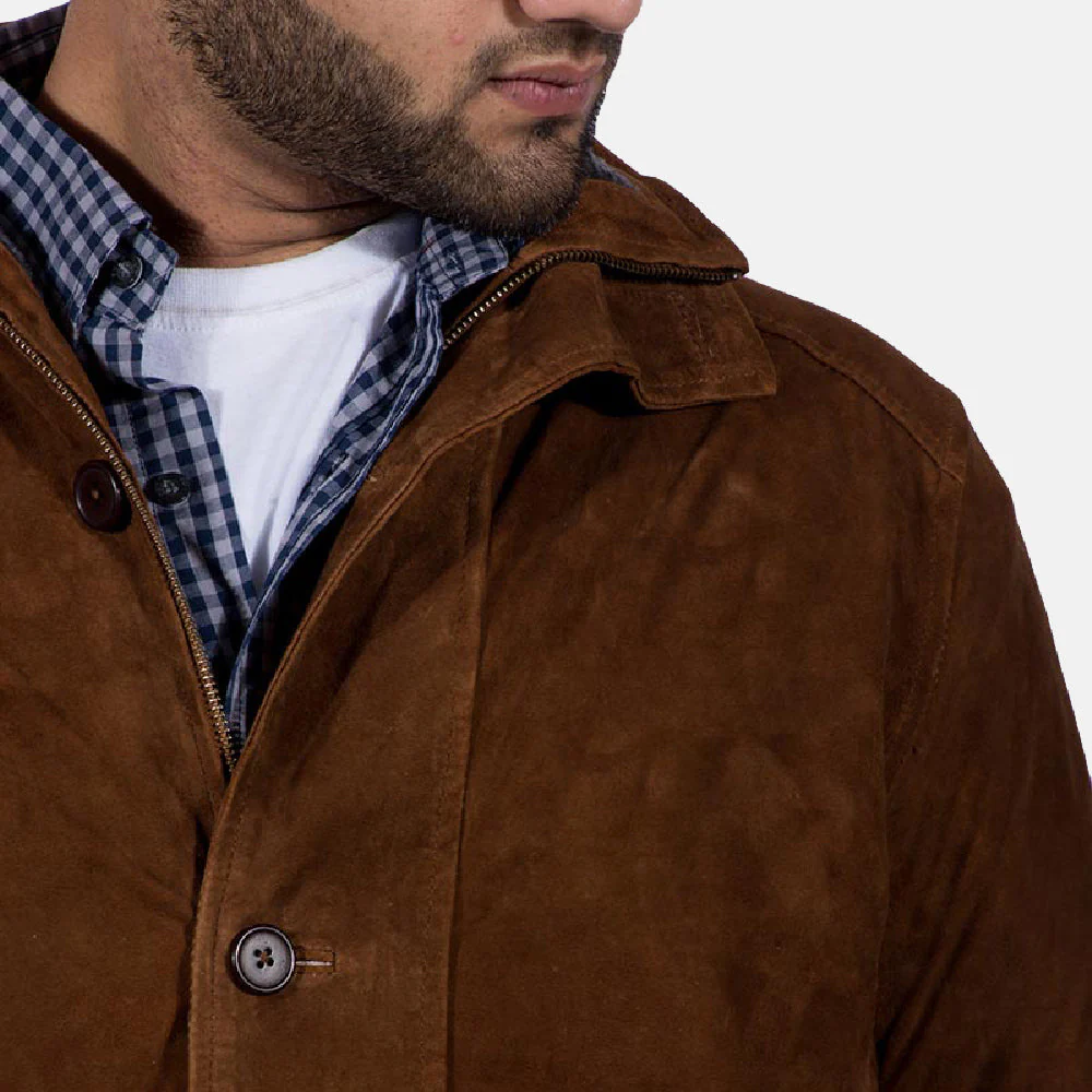 Brown Suede Safari Jacket – Front View with High Neck Collar