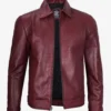 Maroon Leather Jacket – Front View with Shirt Collar and Zip Closure