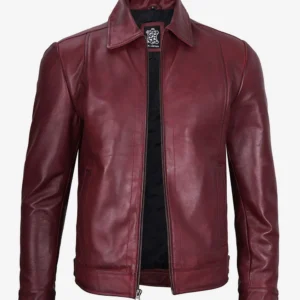 Maroon Leather Jacket – Front View with Shirt Collar and Zip Closure