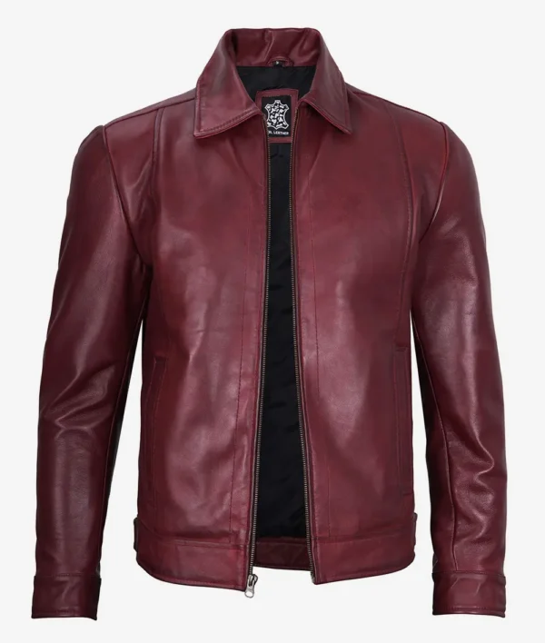 Maroon Leather Jacket – Front View with Shirt Collar and Zip Closure
