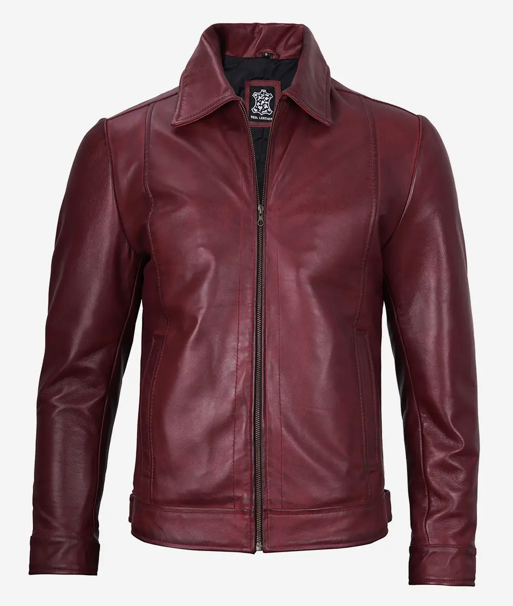 Maroon Leather Jacket – Front View with Shirt Collar and Zip Closure