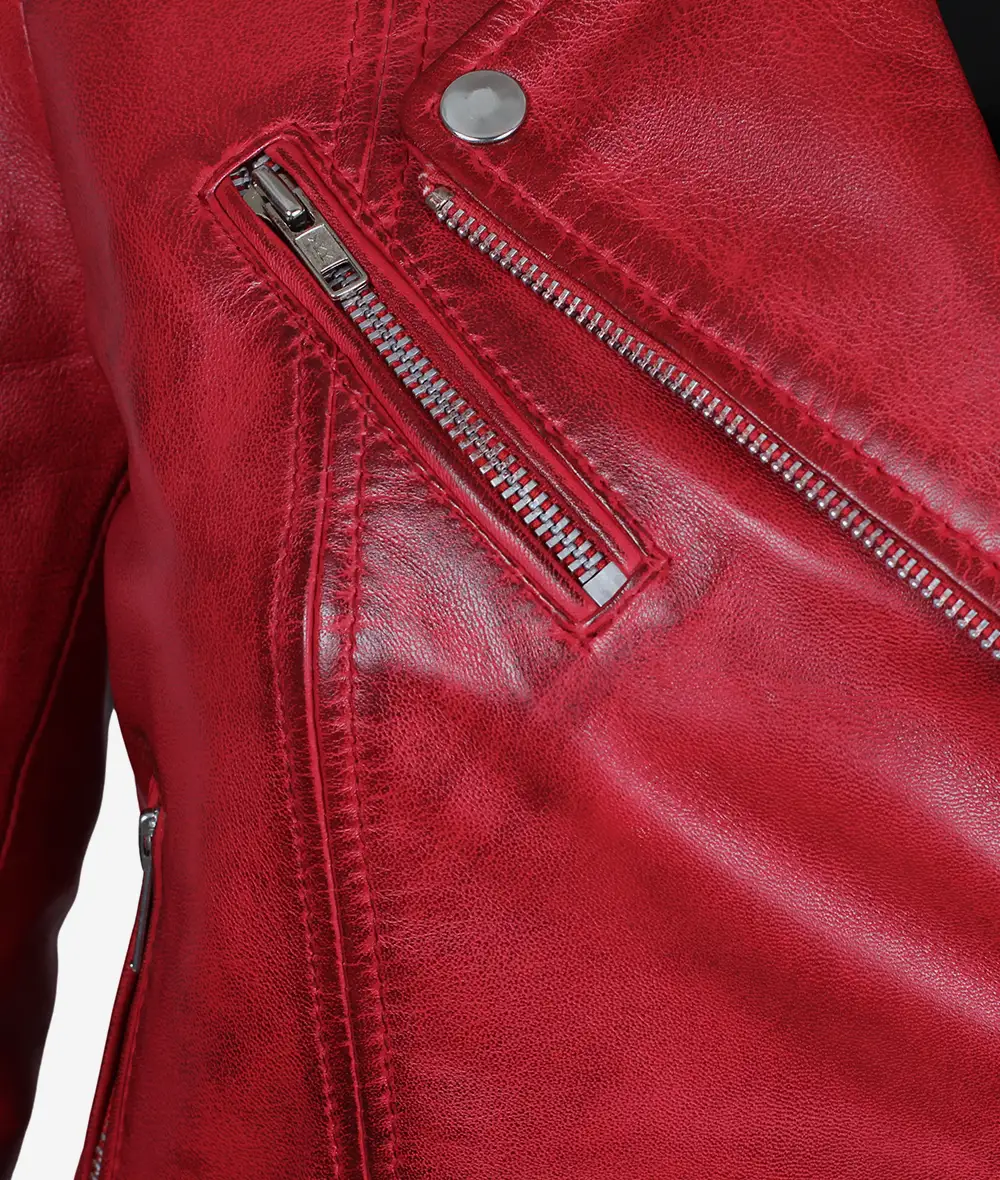 Red Moto Leather Jacket – Front View with Asymmetrical Zipper