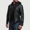 Highschool Black Cowhide Leather Jacket – Detachable Hood & Zipper Cuffs