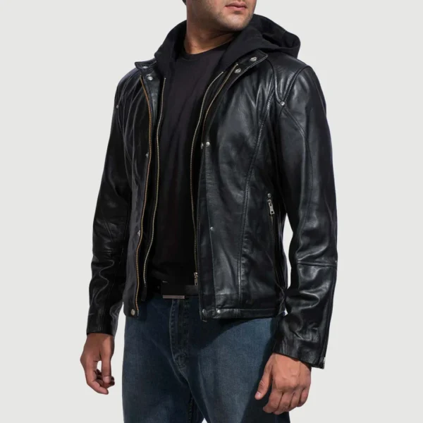 Highschool Black Cowhide Leather Jacket – Detachable Hood & Zipper Cuffs