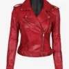 Red Moto Leather Jacket – Front View with Asymmetrical Zipper