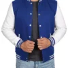 Royal Blue and White Varsity Jacket – Front View with Snap Closure