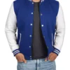 Royal Blue and White Varsity Jacket – Front View with Snap Closure