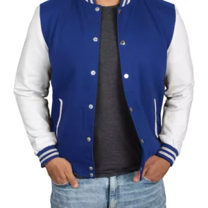 Royal Blue and White Varsity Jacket – Front View with Snap Closure
