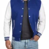 Royal Blue and White Varsity Jacket – Front View with Snap Closure