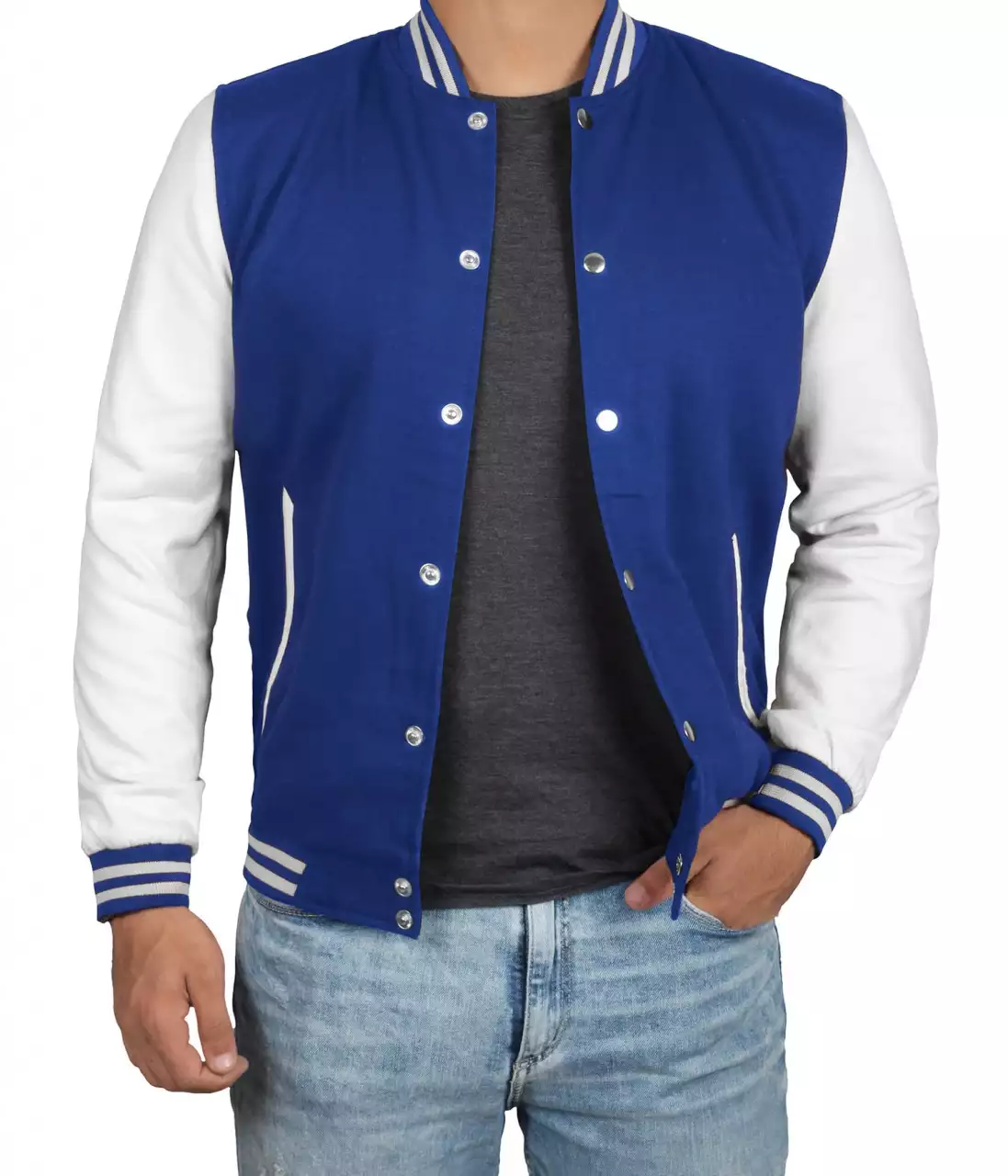 Royal Blue and White Varsity Jacket – Front View with Snap Closure