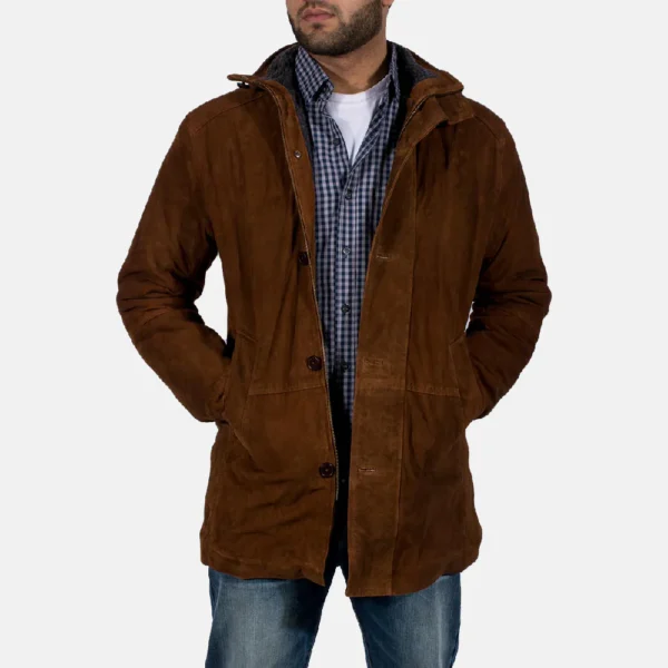 Brown Suede Safari Jacket – Front View with High Neck Collar